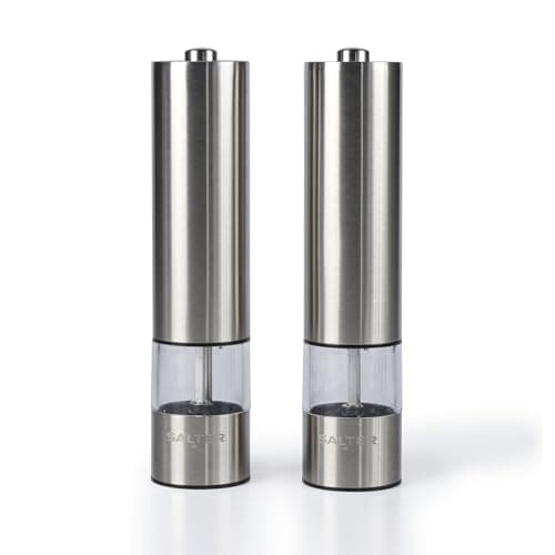 Image of Salter 7522 SSTUR Electric Salt & Pepper Grinder Set – Stainless Steel Mills, Push Button Operation, Battery Powered, Ceramic Mechanism, Adjustable Fine to Coarse Grind, 66g Sea Salt/30g Peppercorns