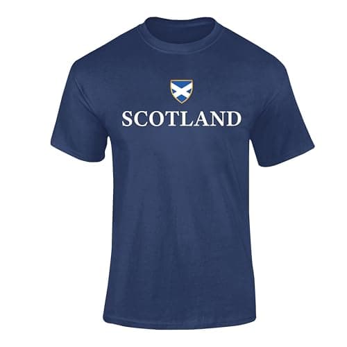 Image of FULLY MERCHED Scotland Flag and Name T Shirt Kids & Adult Football T-shirt - Unisex National Flag Shield Scottish Rugby Design Navy L Scotland