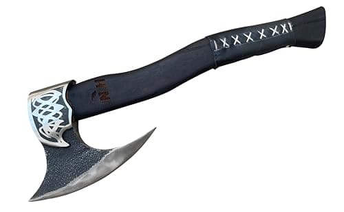 Image of NovaHaven Handmade Decorative Axe - Carbon Steel Blade with Ash Handle - Various Blade Designs with Leather Handle - Includes Protective Case - 4 Variants (Curved Blade)