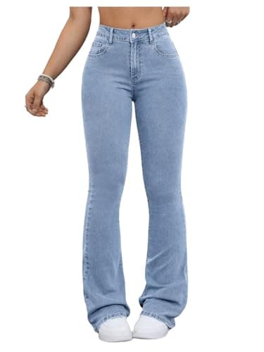 Image of GORGLITTER Flared Jeans for Women UK High Waisted Stretchy Bootcut Skinny Casual Denim Trousers Elasticated Waist Jeans Light Wash Medium