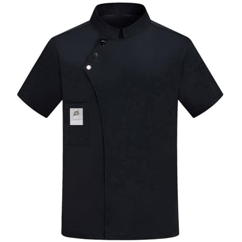 Image of Black Chef Jacket Men'S Chef Jacket Lightweight Short Sleeved Men'S And Women'S Chef Top Short Sleeved Stand Collar Solid Color Pocket Button Dining Workwear (Black, Xl Size)