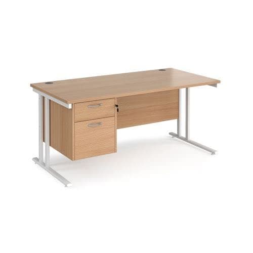 Image of Office Monster Cooper straight desk 1600mm x 800mm with 2 drawer pedestal - white cantilever leg frame, beech top