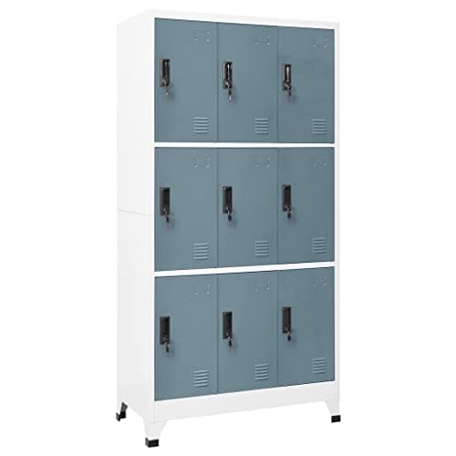 Image of GeenYuu Steel Locker Cabinet, Light Grey, Dark Grey, 90 x 45 x 180 cm with 9 Lockable Doors, Air Vents, Name Plate Holder for Office, School, Garage, Basement, Utility Room