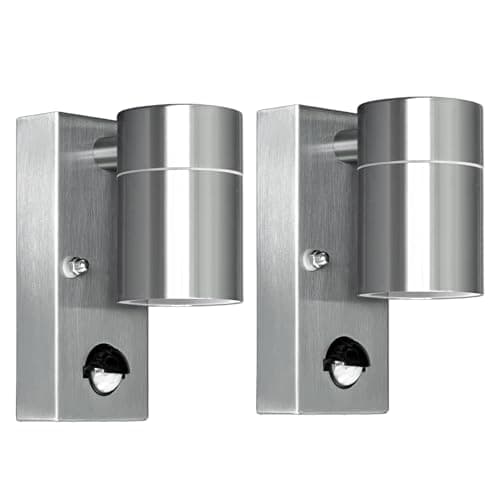 Image of Kerry Outdoor Motion Sensor Wall Lights, Downward Outside Lighting Mains Powered, IP44 Silver Stainless Steel Downlight, Exterior PIR Detector Security Fixture for Front Door, Porch, Garden - 2 Pack