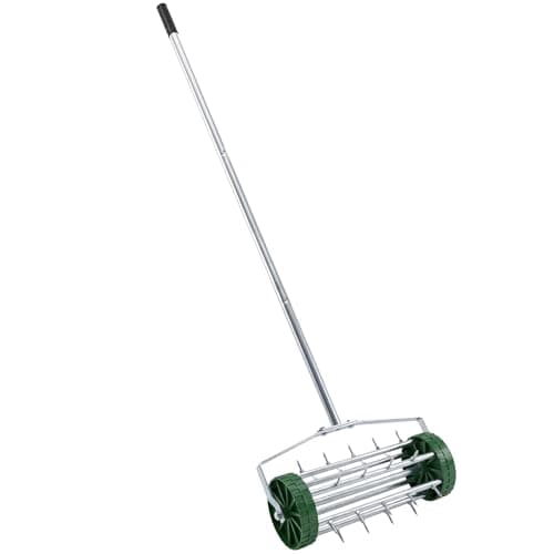 Image of Rolling Lawn Aerator Roller with Steel Spikes, Heavy Duty Garden Soil Aerator, Manual Push Aeration Tool with 3 Piece Handle, 41x15x145cm - Green