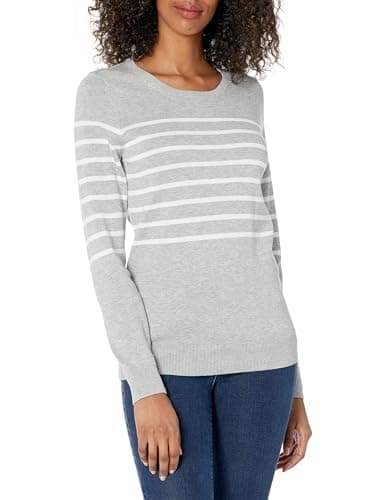 Image of Amazon Essentials Women's Long-Sleeve Lightweight Crewneck Jumper (Available in Plus Size), Light Grey Heather White Placed Stripe, L