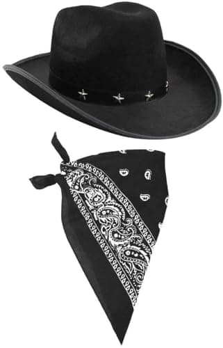 Image of I LOVE FANCY DRESS LTD Cowboy Hat & Cowboy Neckscarf Accessories. Black Star-studded Cowboy Hat & White Bandana. Wild West Western Sheriff. Pack of: 1 | Bandana Colour: Black