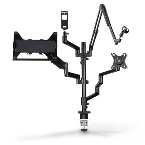 Image of Hama Monitor Mount for Streaming Setup (4 Arms, Height Adjustable, Swivel, Tilt, Microphone Boom, Table Tripod, for 2 Monitors, Micro, Camera, Streaming Light, Mobile Phone, Ergonomic) Black