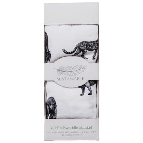 Image of Sustainabub Organic Baby Muslin Cloth Swaddle - Award-Winning Soft Muslin Square Blanket. GOTS & OEKO TEX certified Bamboo & Organic Cotton Blend - Sensory Prints (Safari, 120 x 120 cm)
