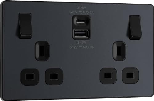Image of BG Electrical 22W Double Switched Power Wall Plug Socket with Fast Charge Type A and Type C USB Charging Ports, Evolve, Matt Grey, 13A, PCDMG22UAC22B