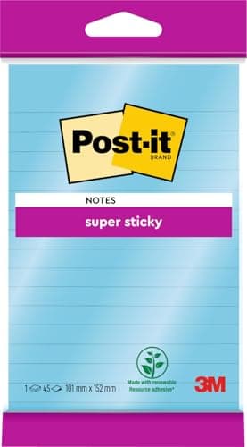 Image of Post-it Super Sticky Large Notes, Lined, 45 Sheets, 1 Pad, 102 mm x 152 mm - Holds Strong to Many Surfaces - Blue - for Walls, Monitors and Fridge, Recycable