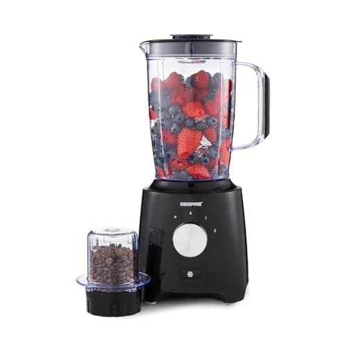 Image of GEEPAS 2-in-1 Food Jug Blender | 1.8L Juice Jar & 60G Mini Coffee Spice Mill | 6-Leaf Stainless-Steel Blades 2 Speed & Pulse Lockable Lid Smoothie Maker Turbo Button for Ice Crushing | 600W Black