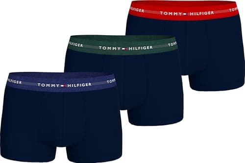 Image of Tommy Hilfiger Men’s 3 Pack Trunks with Logo Waistband, Multicolor (Blue Ink/Orn Green/Primary Red), S