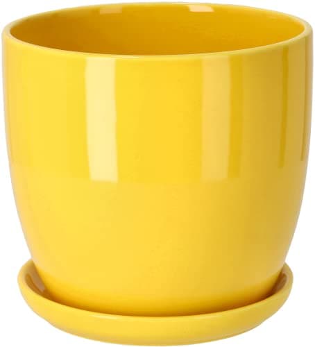 Image of Kotarbau® Set of 2 Ceramic Flower Pot Planters for Flowers, 13 cm Diameter with Drip Tray, Yellow