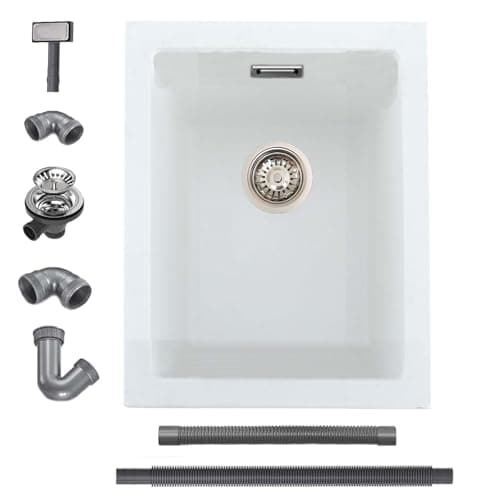 Image of iAnomla Quartz Kitchen Sink 30x40cm/12x16 in, Composite Inset/Undermount Kitchen Small White Sink Waste Kit,Single Bowl Commercial with Overflow, Suitable for Workstation