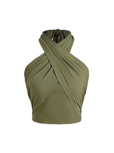 Image of CIDER Cross Halter Shirred Back Crop Top, Green, S