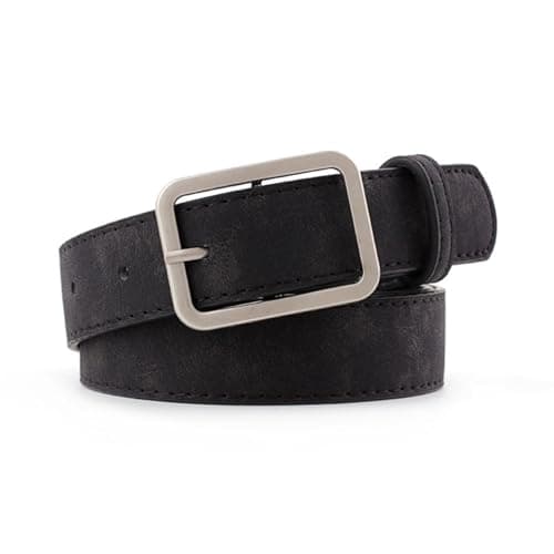 Image of JILLICK Faux Leather Women's Belt with Rectangular Silver Buckle for Jeans and Dresses - Adjustable 2.8cm Slim Waist Strap in Black, Vintage-Inspired Textured Finish for Casual Wear