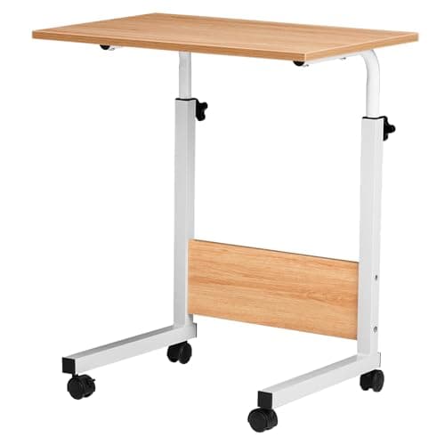 Image of Karl home 60×40cm C-Shaped Mobile Side Table, Small Computer Desk with Rolling Wheels & Height Adjustable Portable Laptop Cart, Bed Couch End Table with Edge Stopper for Living Room Bedroom, Beige