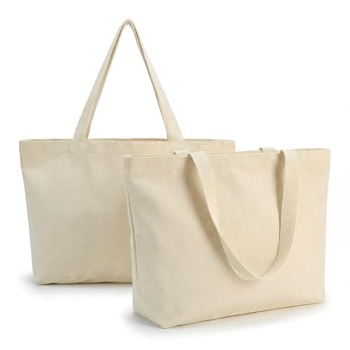 Image of RJTCXJS 2 Pcs Large Plain Canvas Tote Bags for Women Men, Reusable Shopping Bags to Decorate, Fabric Blank Cotton Bagsset, Reusable Grocery Bagsset for Shopping Camping Gifts(16.5x12.6x3.94 inch)