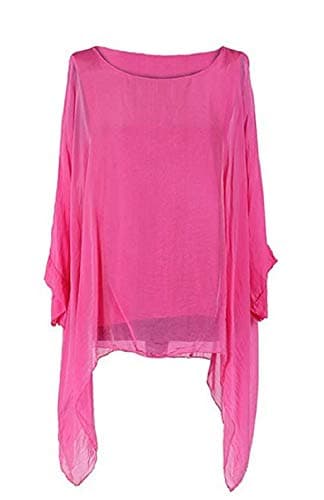 Image of OgLuxe Ladies Womens Italian Lagenlook Silk Batwing Top Plain Tunic Quirky Blouse Plus Size UK 14-20 (FUSCHIA)