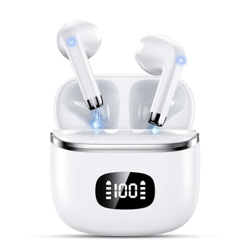 Image of Wireless Bluetooth Headphones, Bluetooth 5.3 Earphones with ENC Reduction Headset, 40 Hours Playtime with LED Display, Hi-Fi Stereo Sound, IP7 Waterproof, Touch Control Bluetooth Headset, White