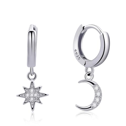 Image of 925 Sterling Silver Huggie Hoop Earrings with Moon & Star Design - Handmade Drop Dangle Jewelry for Women & Girls