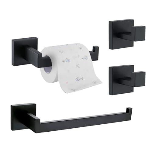Image of Square Black Bathroom Hardware Set, 4 Pieces Towel Holder Set Towel Rail, Toilet Paper Holder and Towel Hooks Wall Mount Bathroom Accessories Towel Rack, Eovem