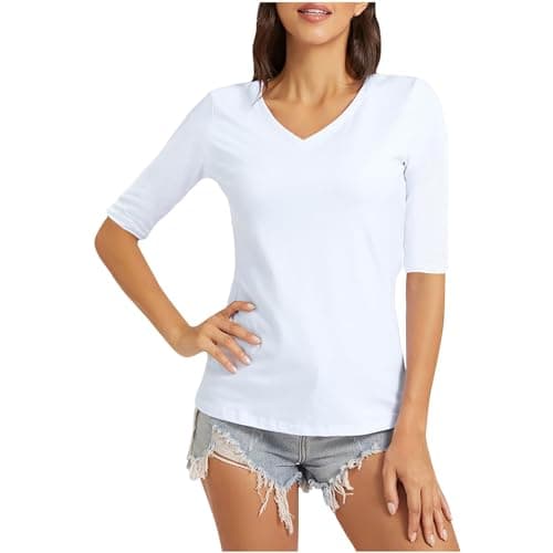Image of V Neck T Shirts for Women UK Clearance Half Sleeve Tops Summer Solid Color Tshirts Lightweight Slim Fit Tee Shirts Casual Comfortable Plian Tshirts Ladies Blouses Size 8-22 White