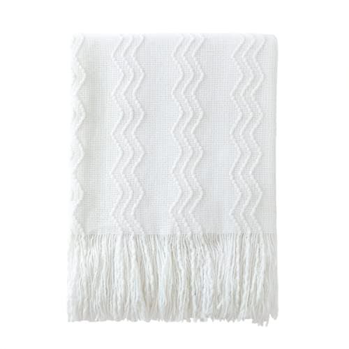 Image of BOURINA Textured Solid Soft Sofa Throw Couch Cover Knitted Decorative Blanket, White, 127x152cm