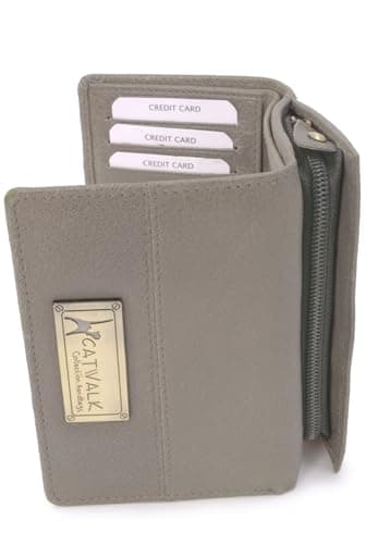 Image of Catwalk Collection Handbags - Ladies Medium Leather Purse - Women's Trifold Wallet with 8 Card Slots & Zip Coin Pocket - RFID - Victoria - Grey