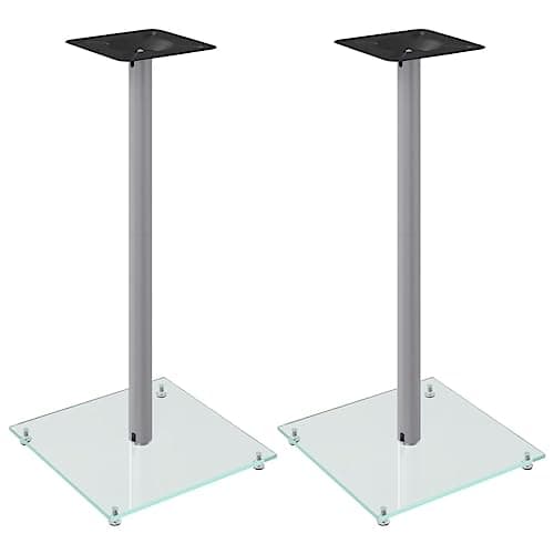 Image of vidaXL Silver Tempered Glass Speaker Stands, 2 pcs with 1 Pillar Design, Aluminium Construction, Wire Management System, Non-Slip Base, Resistant to High Impact and Scratches