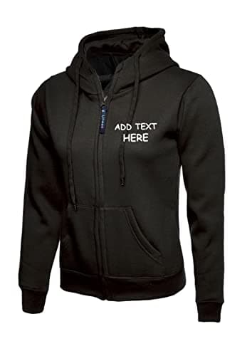 Image of Personalised embroidered Ladies Hoodie Logo or text embroidery Unisex Olympic Classic Full Zip Hooded Sweatshirt workwear From XS to 3XL(3XL, BLACK)