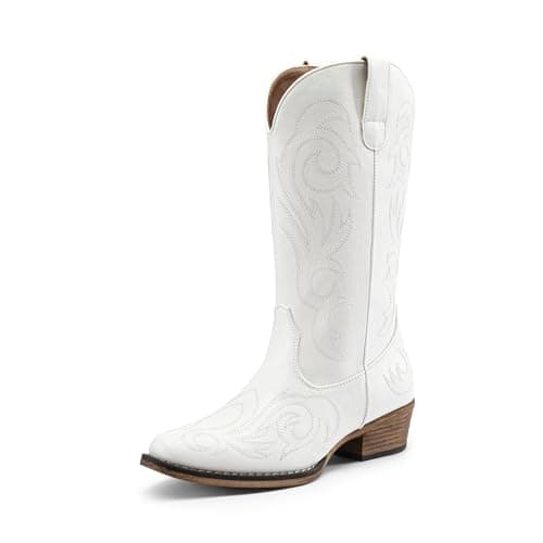 Image of DREAM PAIRS Women's Daily Slip-on Waterproof Mid-Calf Cowboy Boots, Comfortable and Stylish Western Boots for UK Ladies, Fashionable Boots for Parties and Proms,Size 6.5,White,SDMB2403W