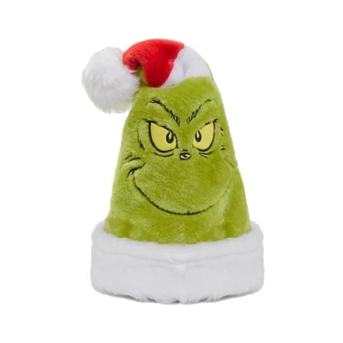 Image of Dr. Seuss-Inspired The Grinch Xmas Bobble Hat - Adult Unisex Festive Party Beanie Cap, One Size Fits All, Green and Red Santa Design