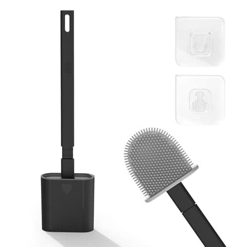 Image of Toilet Brush, 1 Pack Bathroom Silicone Toilet Brushes and Holder Sets with No-Slip Long Plastic Handle and Soft Flexible Bristles, Toilet Brushes with holders and Base for Anti-drip (Black)