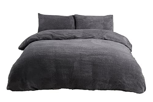 Image of Sleepdown Teddy Fleece Duvet Cover Quilt Bedding Set with Pillow Cases Thermal Warm Cosy Super Soft - Double - Charcoal