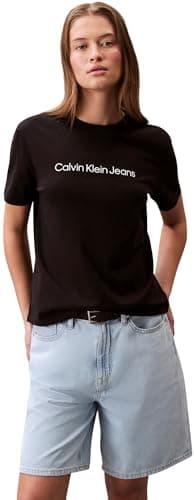Image of Calvin Klein Jeans Women's A- INST. Logo Classic TEE SS LV047C912G Graphic Tees, Black (Black), L
