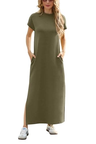 Image of GRECERELLE Womens Maxi Dress Wrinkle Free Summer Mock Neck Short Sleeve 2025 Casual Elegant Loose Split Long Dresses with Pockets (Army Green, M)