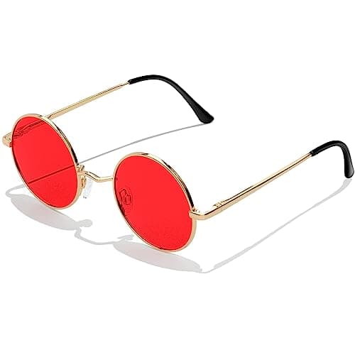 Image of KANASTAL Red Round Sunglasses Mens Womens Polarised Circle Hippie Vintage Metal Retro Ladies Festival Cosplay Circular 80s UV400 - Gold Frame Red Lens