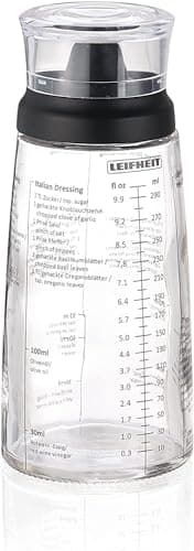 Image of Leifheit Salad Dressing Shaker, 5 Imprinted Recipes, Glass Bottle, Non-Drip Spout, Dishwasher Safe, Black Transparent, 300 ml Measuring, Salad Dressing Pots, dressing maker