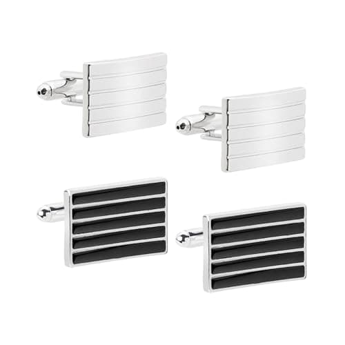 Image of 2 Pairs of Stainless Steel Cufflinks, Cufflink Set, Personalized Striped Cufflinks, Men's Cuff Clips, Shirt Cufflinks, Shirt Cuff Decoration (Black Silver)