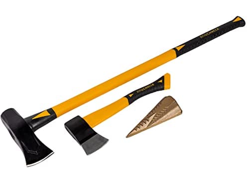 Image of Roughneck ROU65501 Wood Cutting & Splitting Set - 3 Piece Including: Splitting maul (2.7kg), Axe (0.6kg) & Wood Grenade Splitting wedge, Yellow - Black