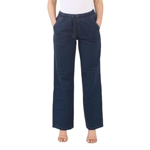 Image of MYT Womens Wide Jeans Elasticated High Waist Stretchy Baggy Straight Ladies Denim Trousers Pants All Waist Size Dark Stonewash 14