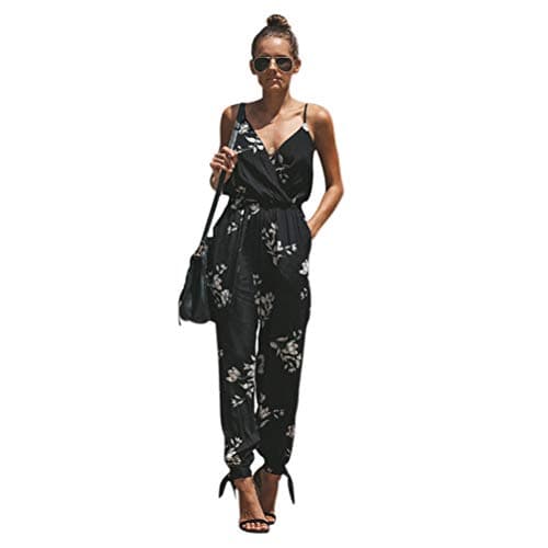 Image of TSWRK Women's Floral Jumpsuit Halter Tie Ankle Split Leg Sleeveless Rompers Black, Black, XL