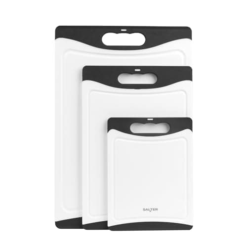 Image of Salter 3-Piece Plastic Chopping Board Set – Set of 3 Double-Sided Cutting Boards, Non-Slip, Easy to Clean, Dishwasher Safe, Food Preparation, Small, Medium, & Large, Meat & Vegetables, Black/White
