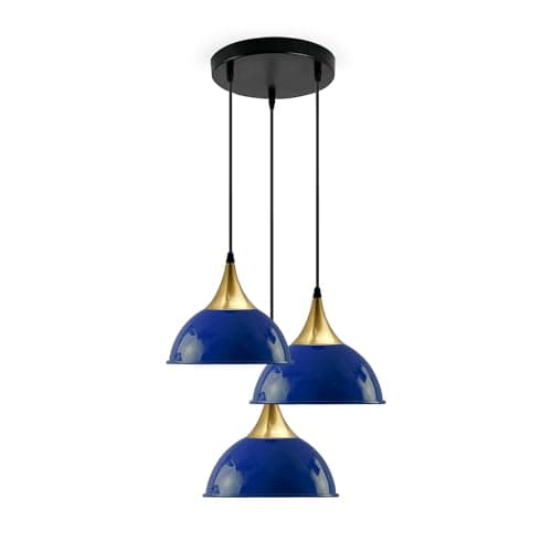 Image of LEDSone Industrial 3 Head Ceiling Pendant Light Navy Blue 21 Cm Dome Lampshade with Adjustable Cable and E27 Socket for Dining Room, Kitchen Island, Bedroom, Hallway