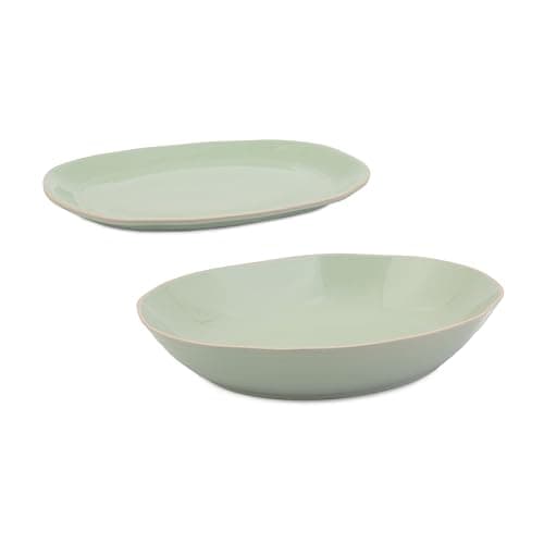 Image of Jamie Oliver Big Love Entertainment Set, Feast Platter and Bowl Set, Stoneware Round Green Oven-To-Table Platter, Stoneware Green Deep Organic Shaped Serving Bowl, Dishwasher, Oven-Safe