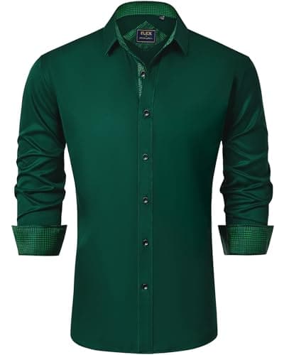 Image of J.VER Shirts for Men Long Sleeve Dress Stretch Smart Business Casual Non Iron Button Down Fashion Work Wedding Shirt Dark Green M