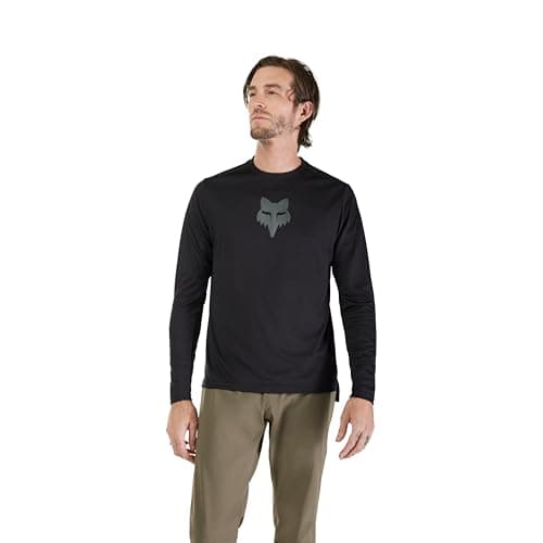 Image of Fox Racing Ranger LS Jersey Fox Head Long Sleeve MTB Shirt, Recycled Material, Sweat-Wicking Mesh, Drop Tail for Coverage, Versatile Fit for On/Off Bike, Iconic Logo, Color: Black, Size: M