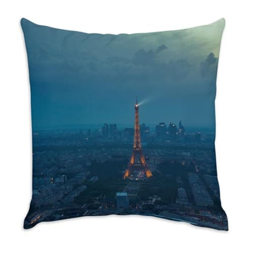 Image of Fabulous White Velvet Cushion with Aerial View of the Eiffel Tower Illuminated View of Paris France – 40 x 40 cm – Velvet Feel – Cover and Cushion Included